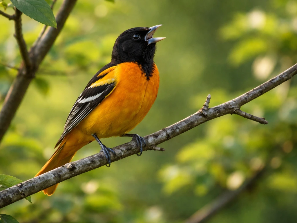 Orange-and-black oriole perched on a branch, beak open as it sings, leafy green background blurred.