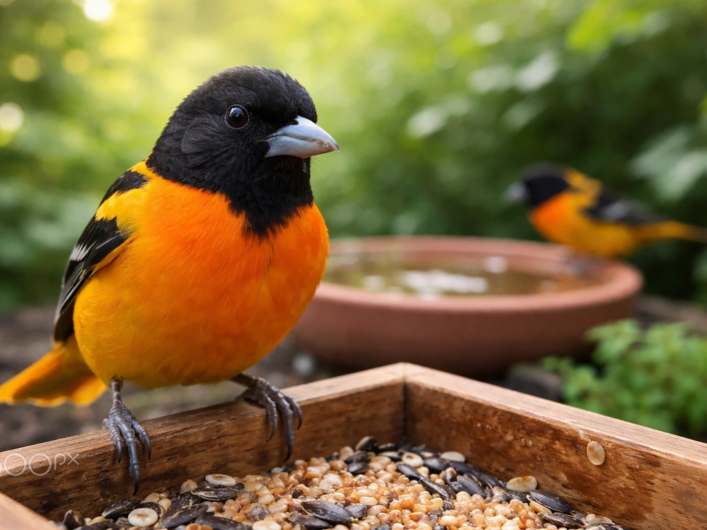 Bright oriole perched at a bird feeder beside a small water dish in a quiet garden.
