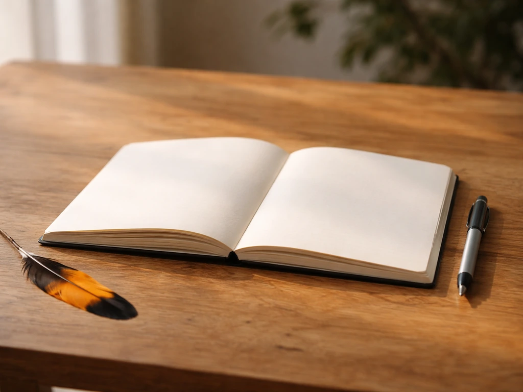 Open notebook and pen beside an oriole feather on a wooden table, natural light, minimal journaling setup.