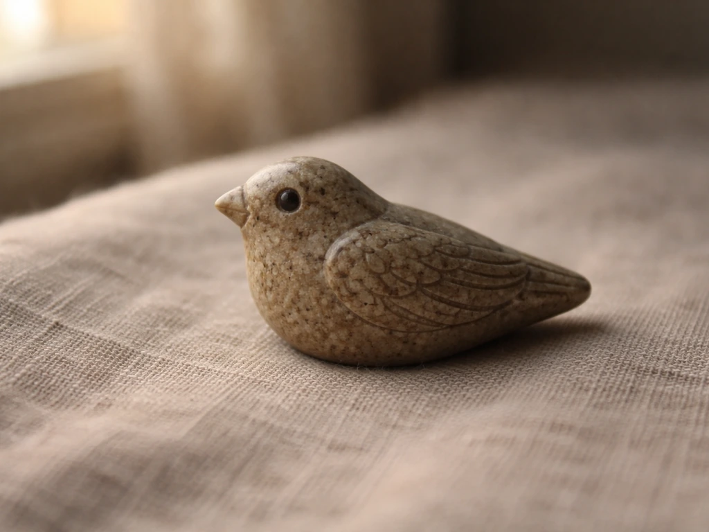 Close-up of a small bird-shaped stone amulet on natural fabric by a sunlit window