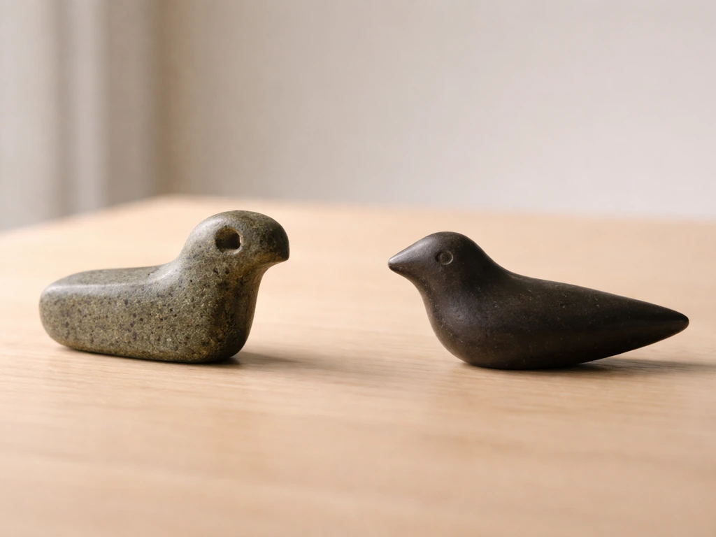 Two distinct objects on a wooden table: a small carved birdstone and a clearly bird-shaped talisman.