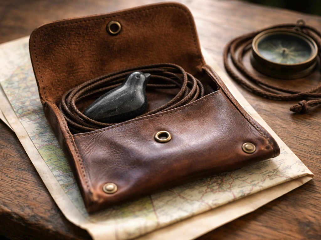 A bird-shaped stone tucked in a leather travel pouch beside a compass and map on a wooden table.