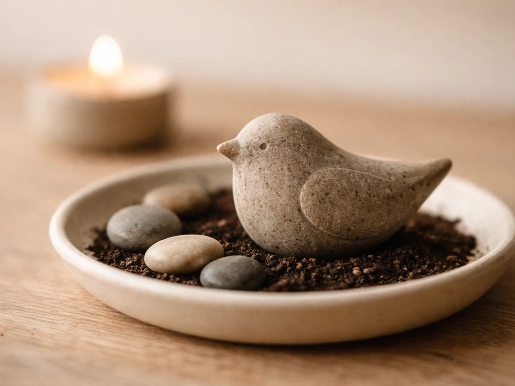 Bird-shaped stone on a small dish with soil, smooth river stones, and a softly lit candle.