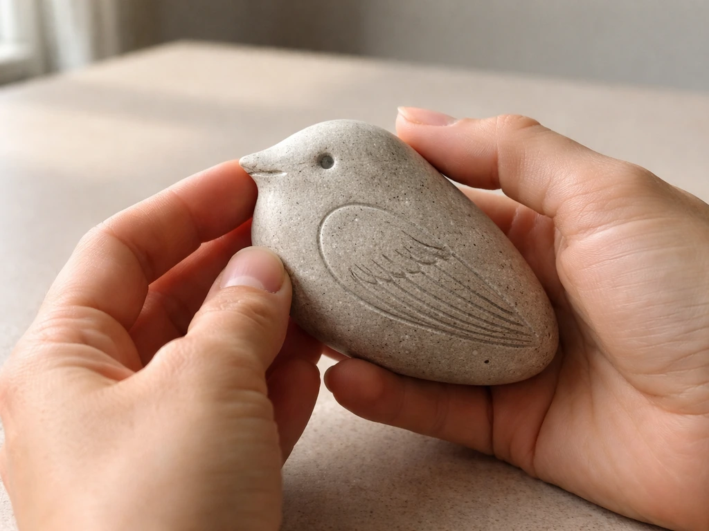 Close-up of hands holding a small carved bird stone and inspecting its engraved details.