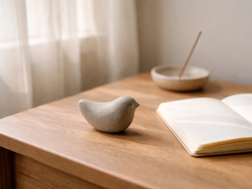 Bird-shaped stone on a bedside table beside a window, with a notebook and incense holder nearby.