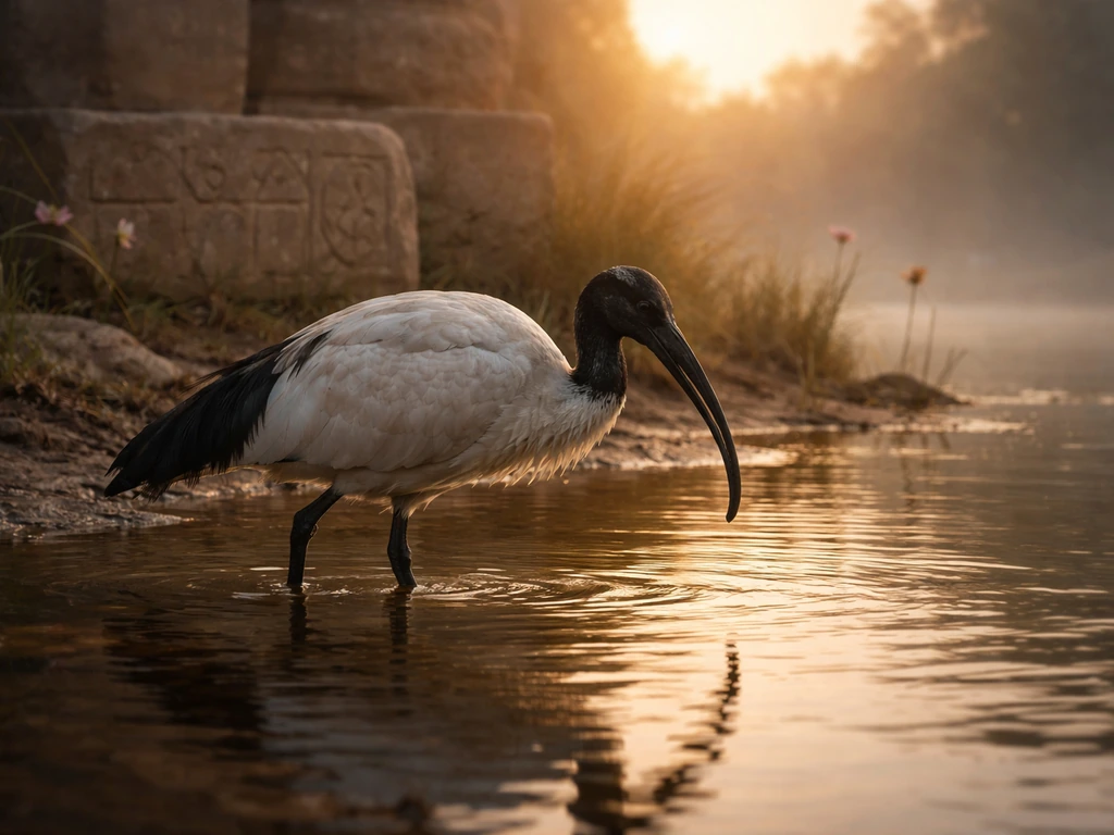 Ancient-style ibis wading in shallow Nile-like water, evoking sacred Thoth symbolism and rebirth