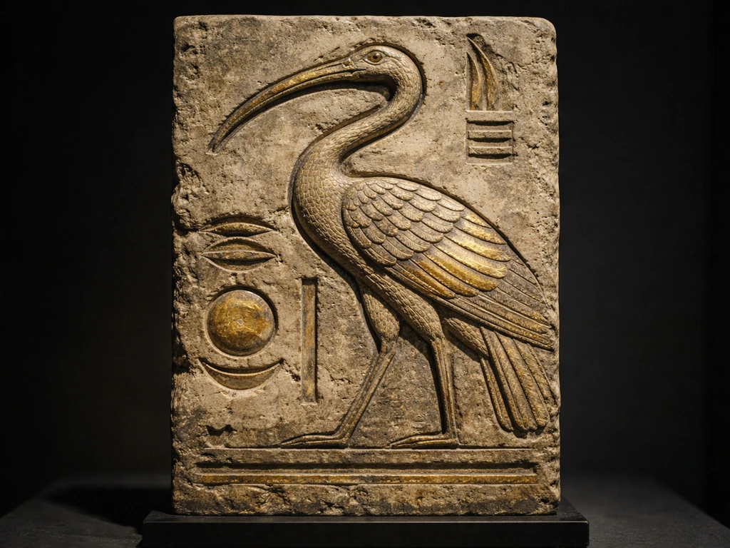 Museum close-up of an ancient Egyptian ibis inlaid relief associated with Thoth, carved stone and gold accents.
