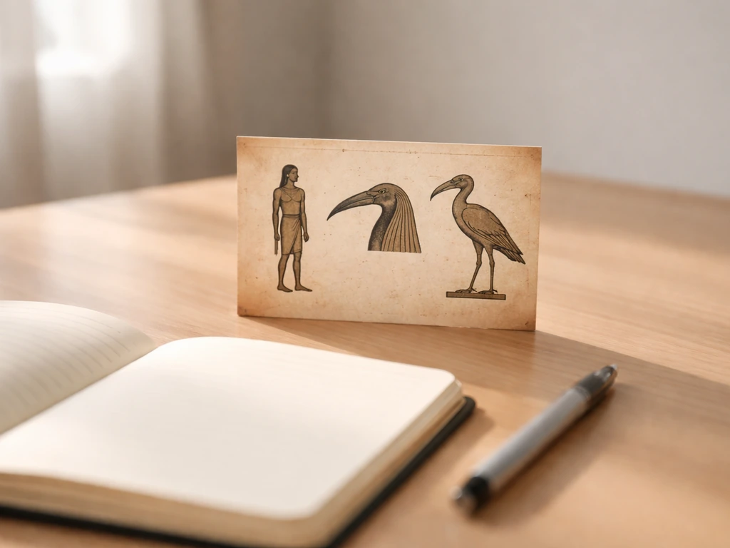 Minimal office desk scene with a small photo card showing generic ibis-like bird iconography markers
