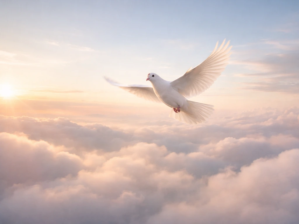 White dove gliding in soft morning light against a calm sky, symbolizing peace and the Holy Spirit.