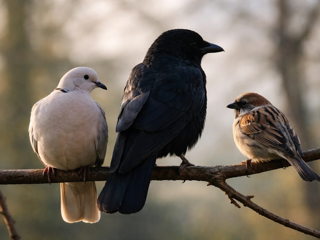 Dove-, sparrow-, and raven-like birds perched on branches in soft natural morning light.