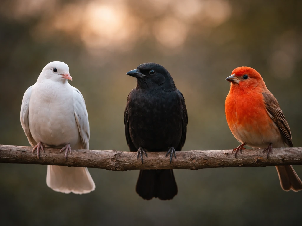 Three small birds perched side-by-side: white dove, dark raven-like bird, and bright red/orange bird.