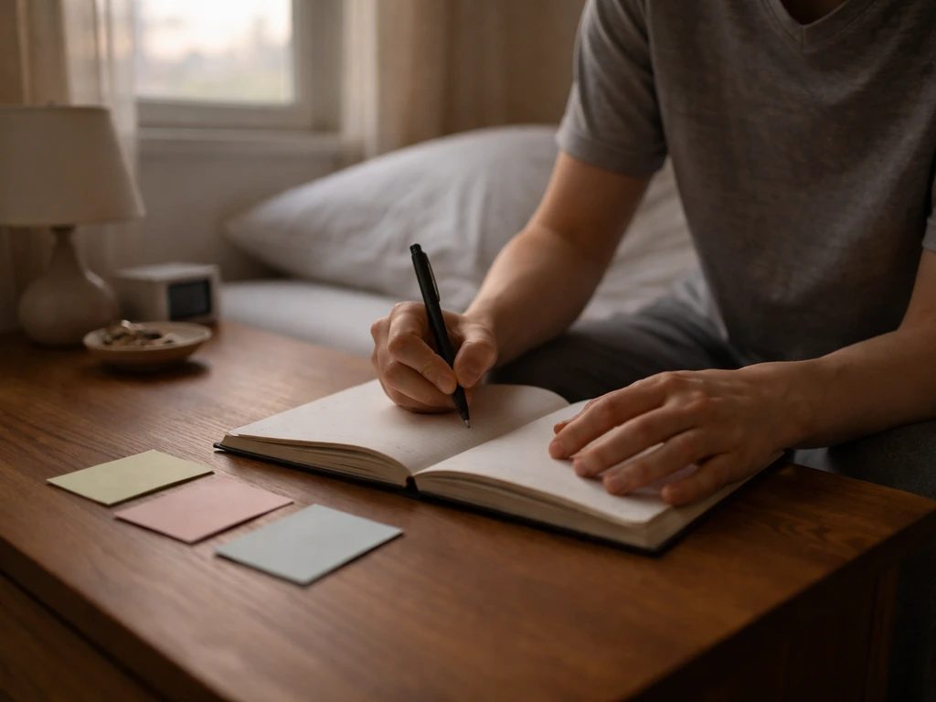 Person writing in a dream journal at dawn with sticky notes on a bedside table.