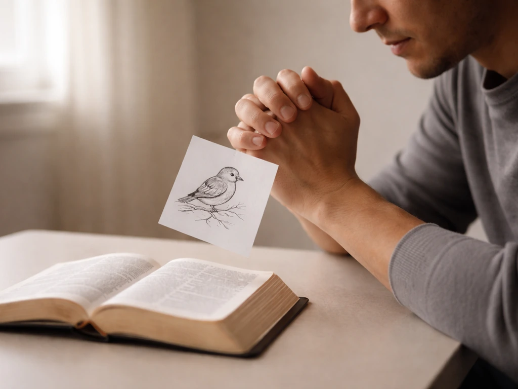 Person praying with an open Bible while holding a small printed bird image, quiet minimal setting