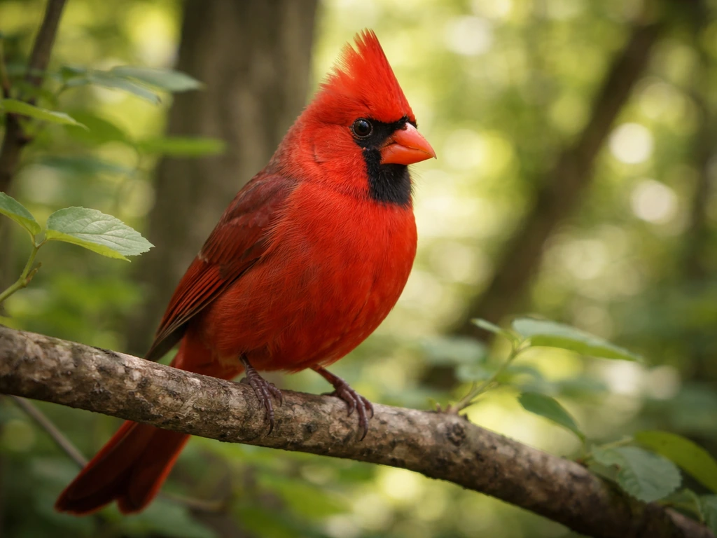 A red male cardinal perched on a branch in a quiet woodland with dappled natural light.