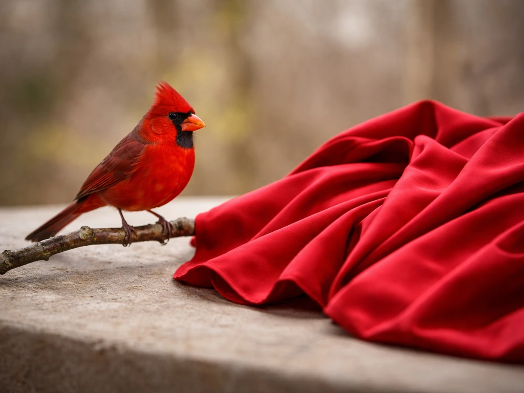 A close-up of a male red cardinal beside folded scarlet fabric symbolizing Roman Catholic cardinal robes.