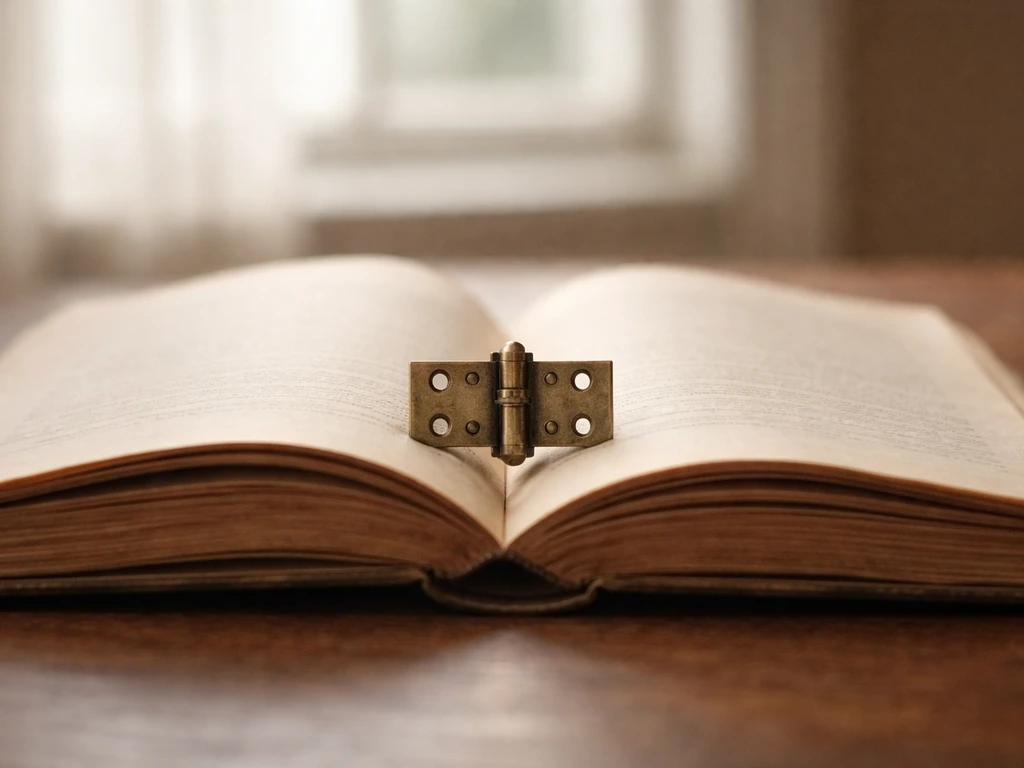 Minimal tabletop scene with an open book and a brass hinge symbolizing the etymology of cardinal.