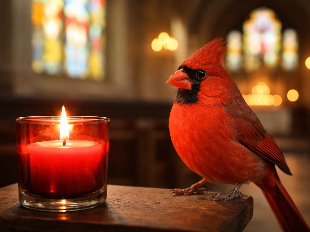 Red cardinal perched by a glowing red candle with a softly blurred church interior behind.
