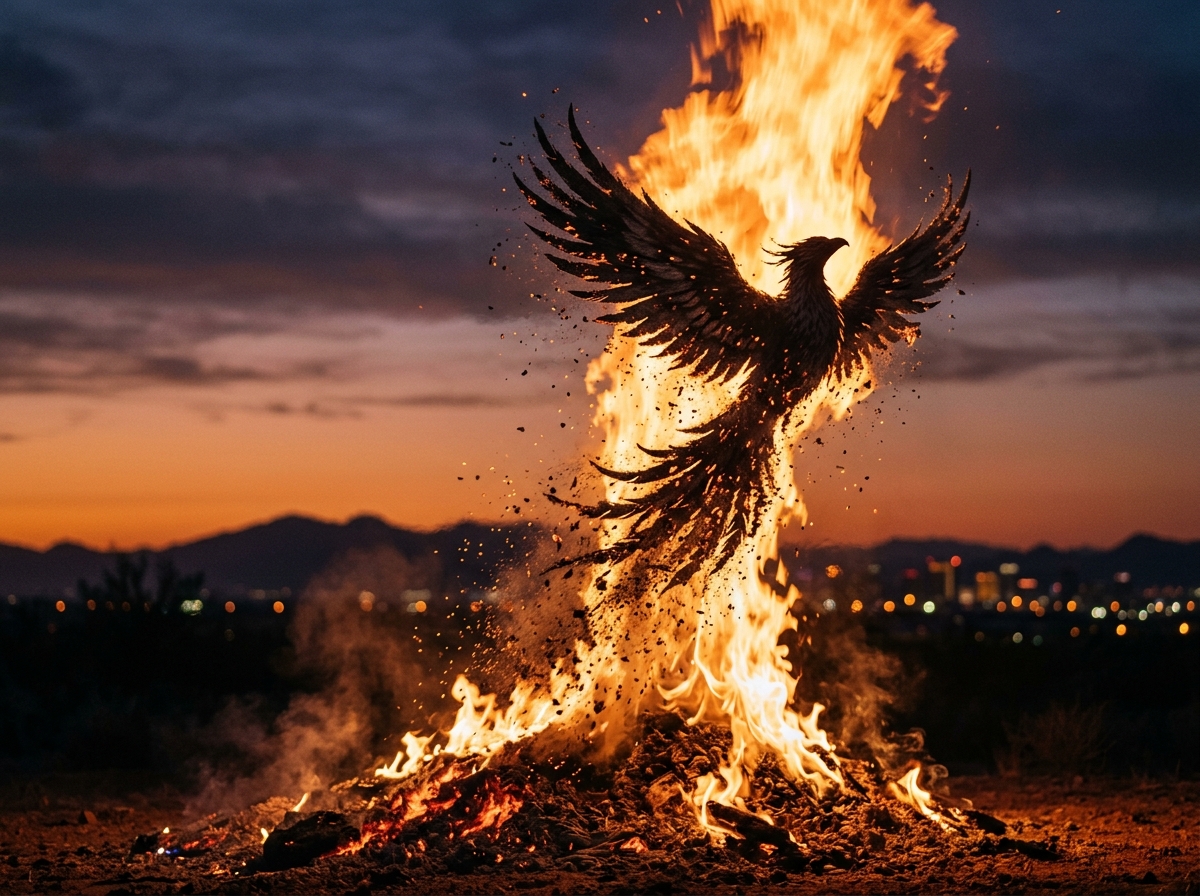 Phoenix rebirth scene with ash rising into a sunrise flame column