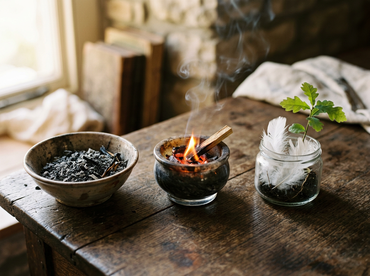 Three-step still life: ashes, burning glow, and new growth