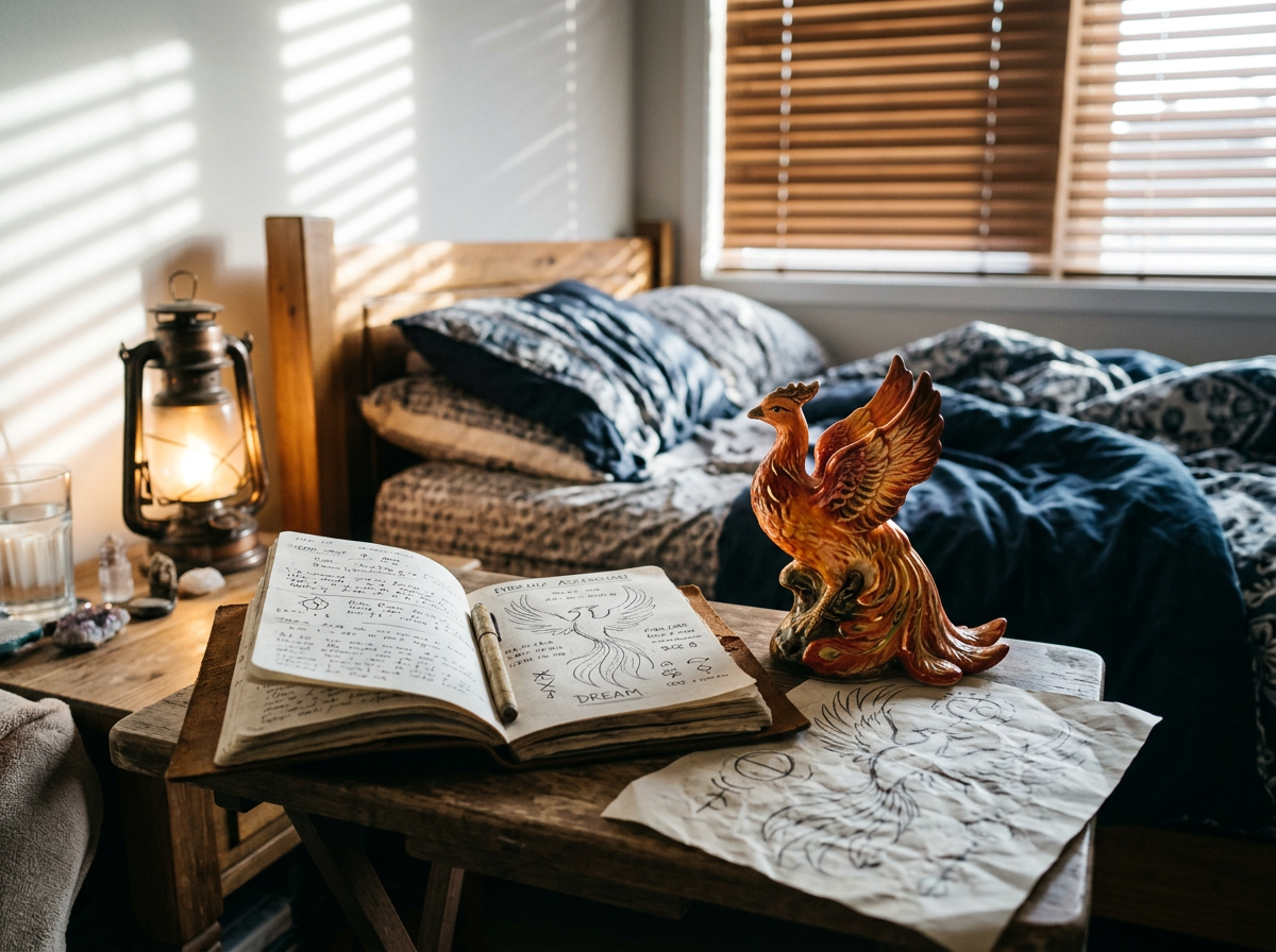 Nightstand journal with phoenix figurine suggesting dream-based signs