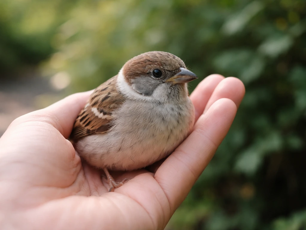 A person’s hand gently holding a small bird while a blurred bushy background suggests letting it go to chase more.