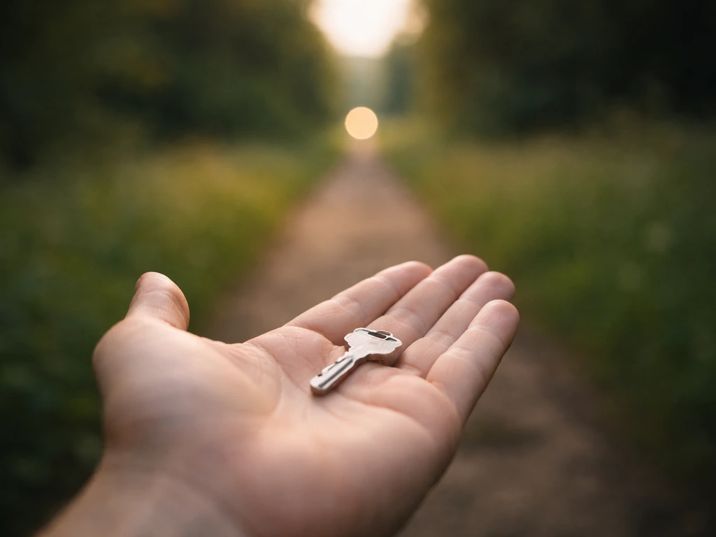 Open palm holding a small everyday item, with a distant out-of-focus target suggesting a risky pursuit.
