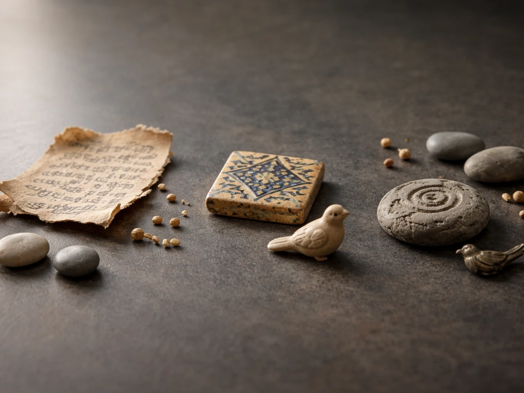 Minimal tabletop spread of ancient parchment, motifs, stones, seeds, and small bird charms suggesting cross-cultural roo
