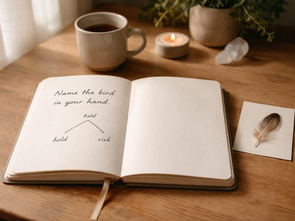 Minimal desk scene with an open journal, decision worksheet prompt, and small feather symbol for reflection.