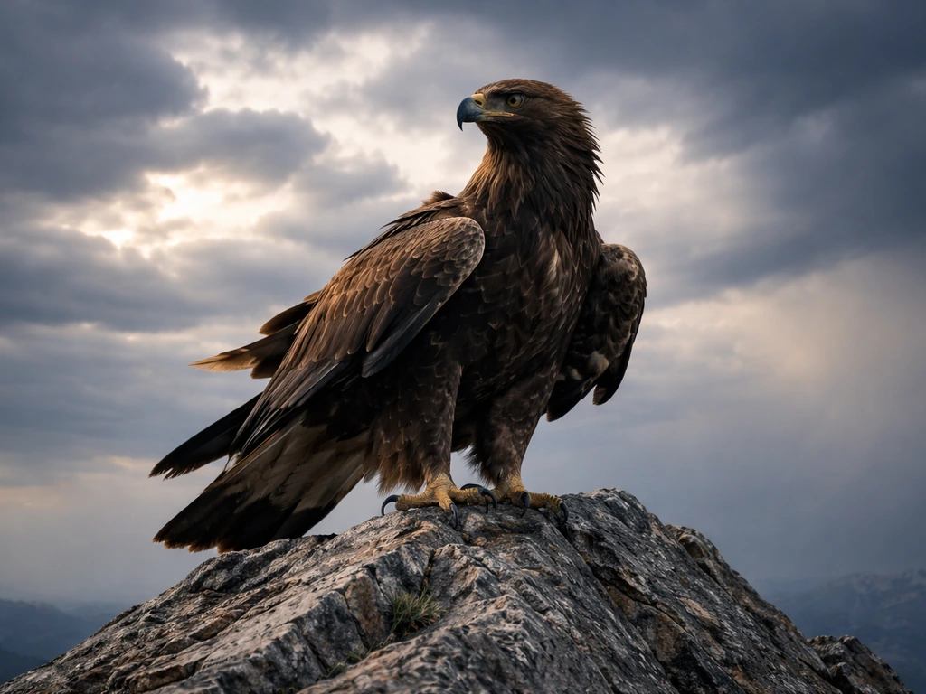 Majestic eagle-hawk perched on a rocky peak beneath a dramatic sky, looking proud and noble.