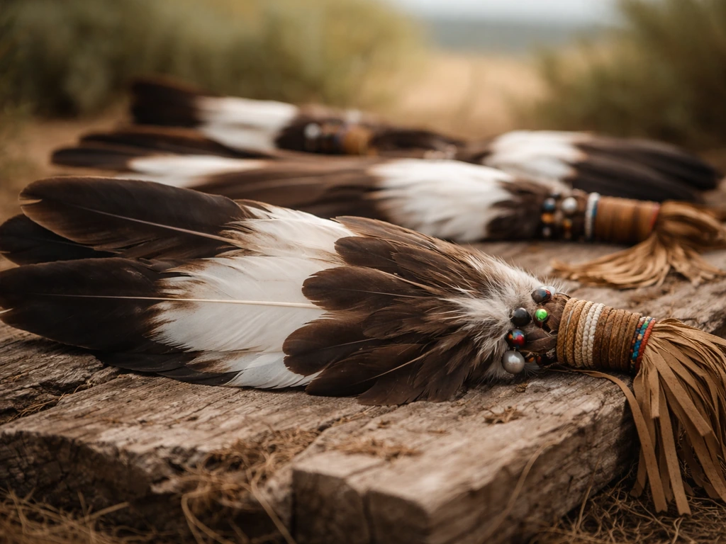 Close-up of bald eagle feather ceremonial regalia laid on natural wood in soft daylight.