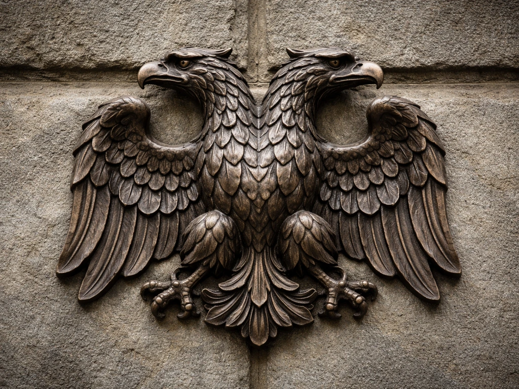Close-up of a richly detailed double-headed eagle heraldic relief on a stone crest background