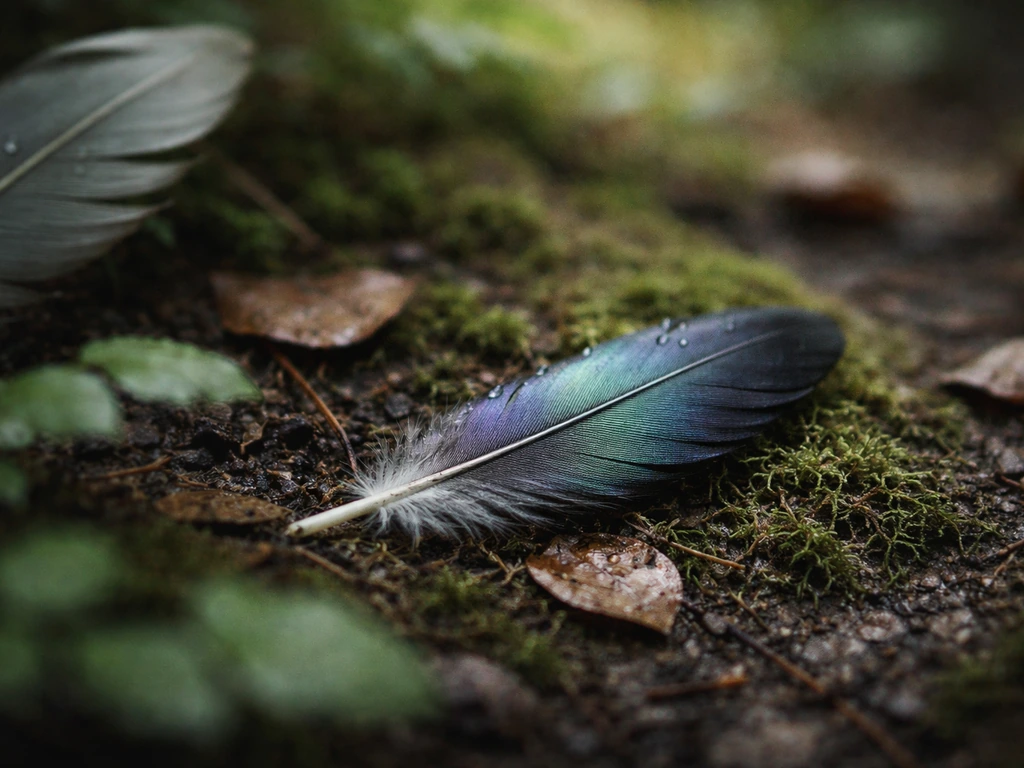 Single feather resting on forest floor near leaves, with subtle secondary feather-like presence nearby