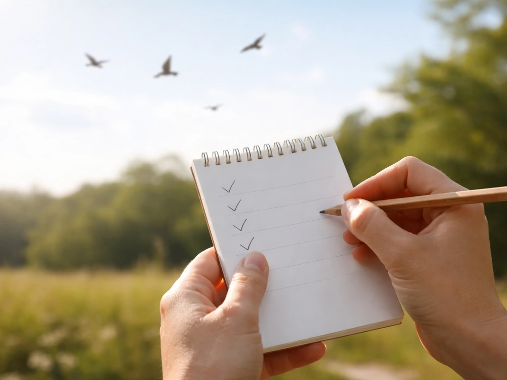 Hands holding a blank notepad outdoors while birds fly across a bright sky