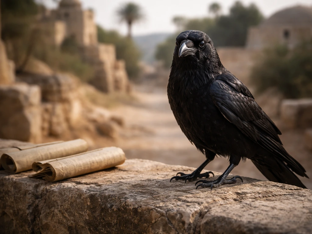 A dark crow perched beside ancient-looking stones and scrolls, symbolizing biblical meaning.