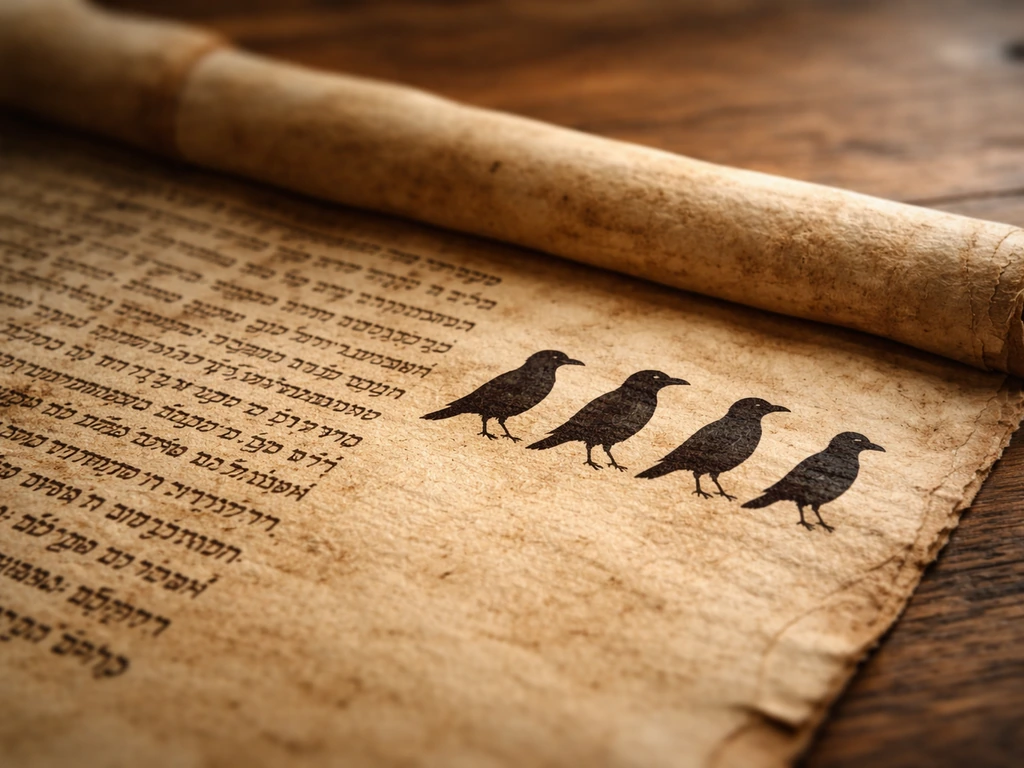 Close-up of parchment with ancient Hebrew-style script and small corvid silhouettes (crow, raven, rook, jackdaw).