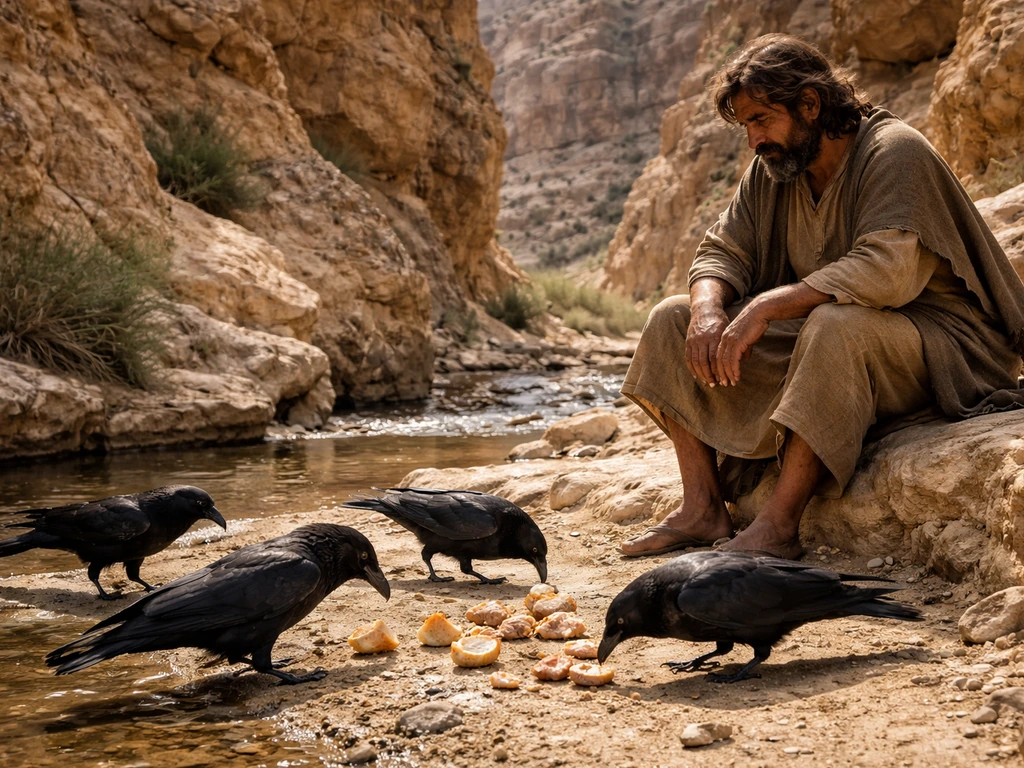Elijah in a desert ravine as dark ravens land beside him, feeding him under natural sunlight