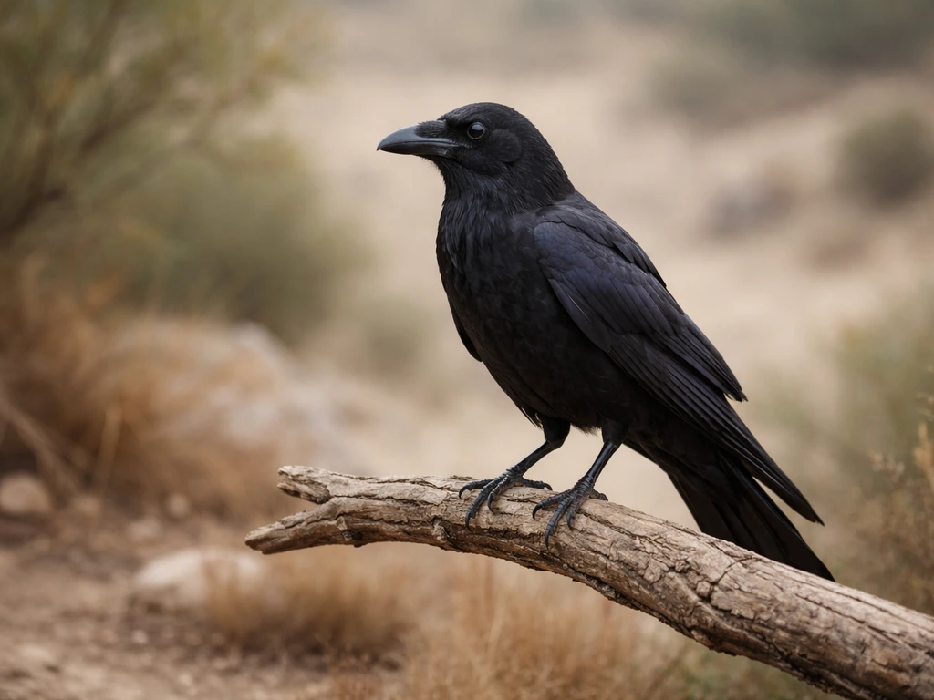 A crow perched on a simple branch, with a few bare leaves and muted desert tones behind it.