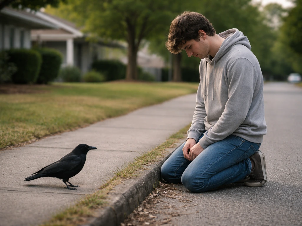 Person in a quiet neighborhood pausing to observe a crow, reflecting calmly in natural light