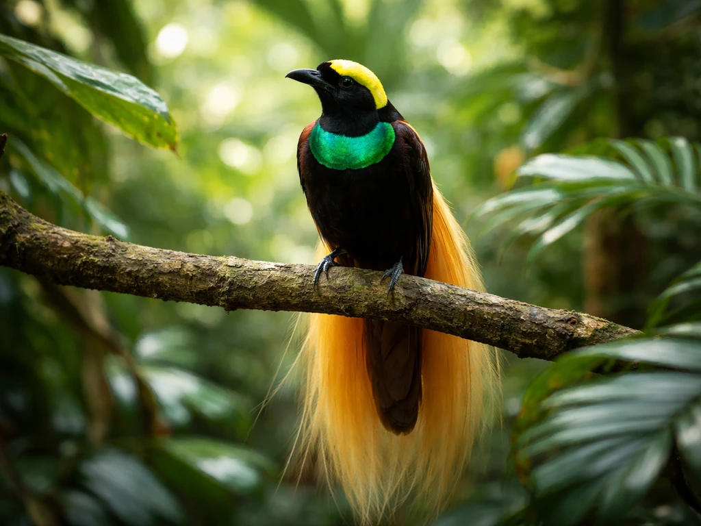 Lush bird of paradise with iridescent feathers perched among dense tropical foliage, radiant and vibrant.