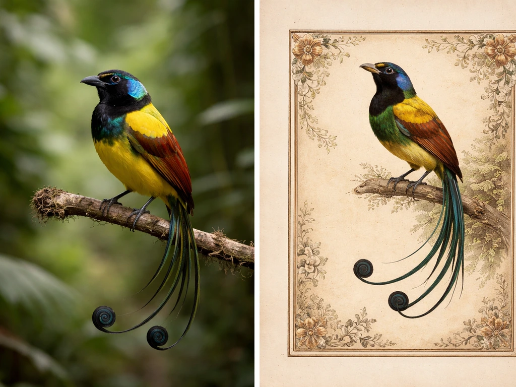 Side-by-side photo: a realistic bird-of-paradise specimen next to an antique-style decorative illustration.