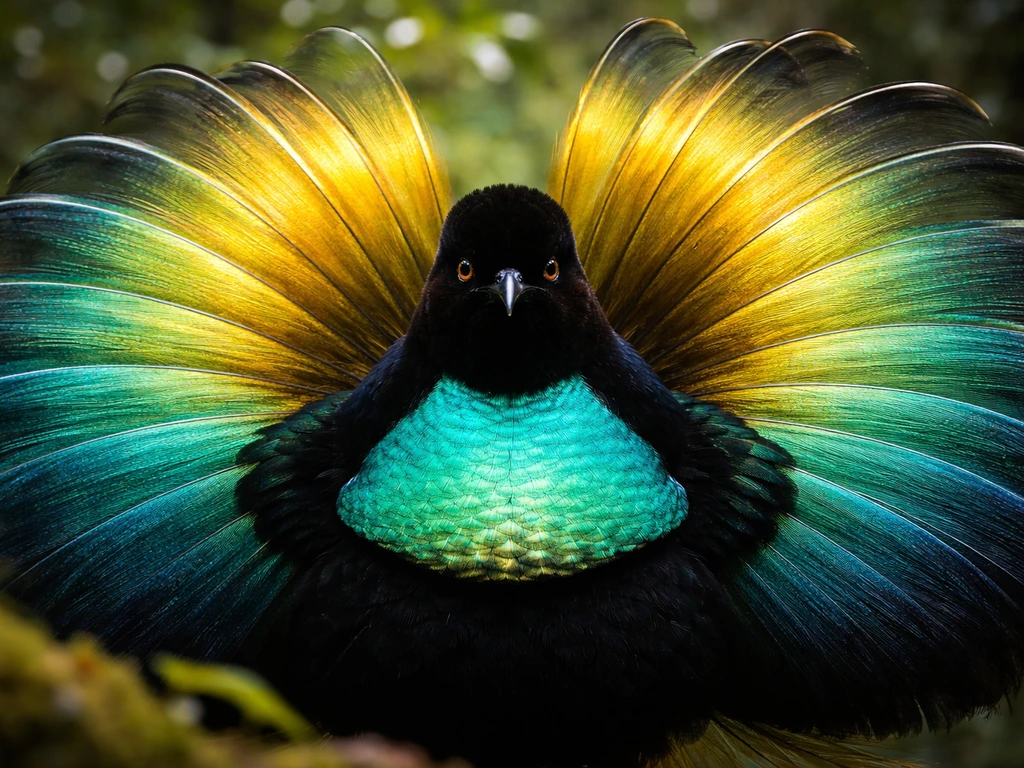 Close-up of a bird-of-paradise display feathers fanned out in radiant golden and teal splendor.