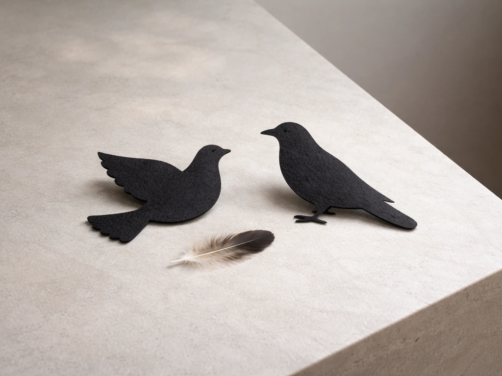 Small reverent arrangement of bird motifs, featuring a dove and raven silhouette on a simple surface