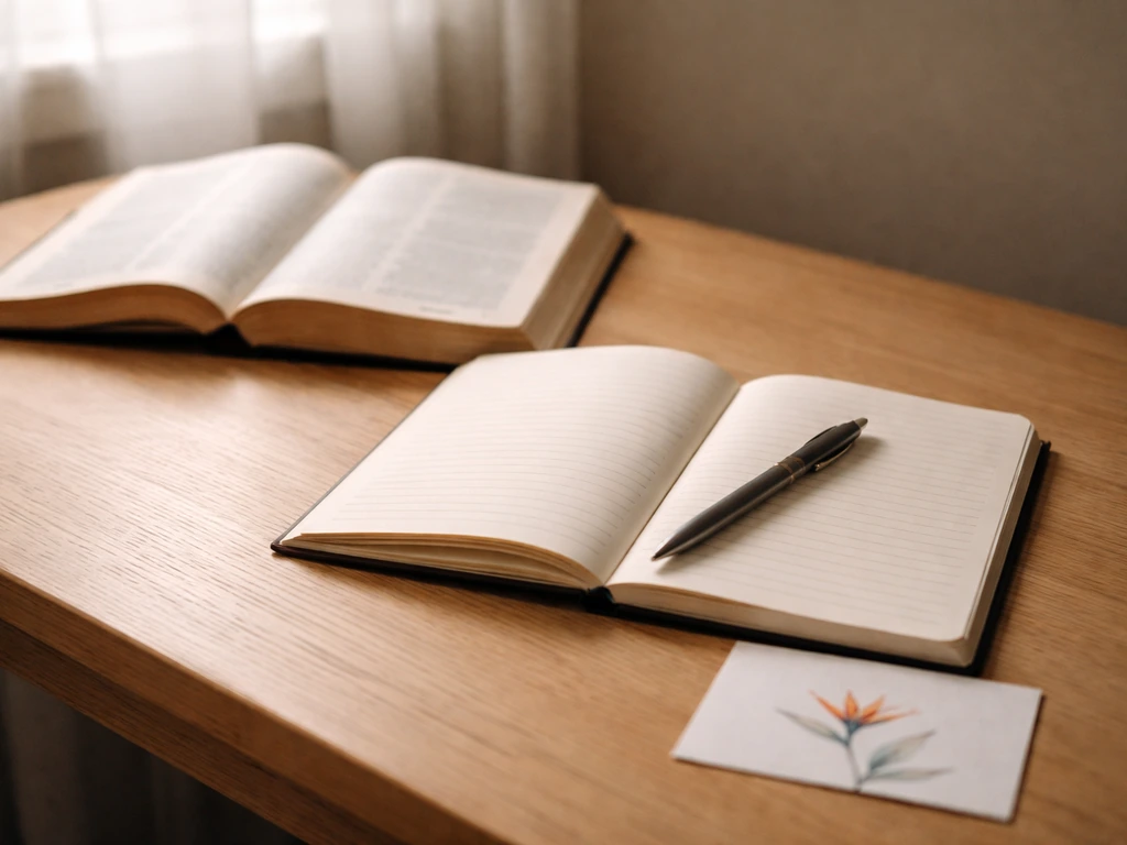 Minimal desk scene with an open Bible, notebook, and pen beside a bird-of-paradise symbolism prompt card.