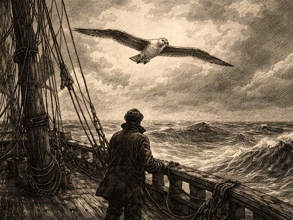 An albatross flying beside a lone sailor on a stormy ship, evoking Coleridge’s Ancient Mariner.