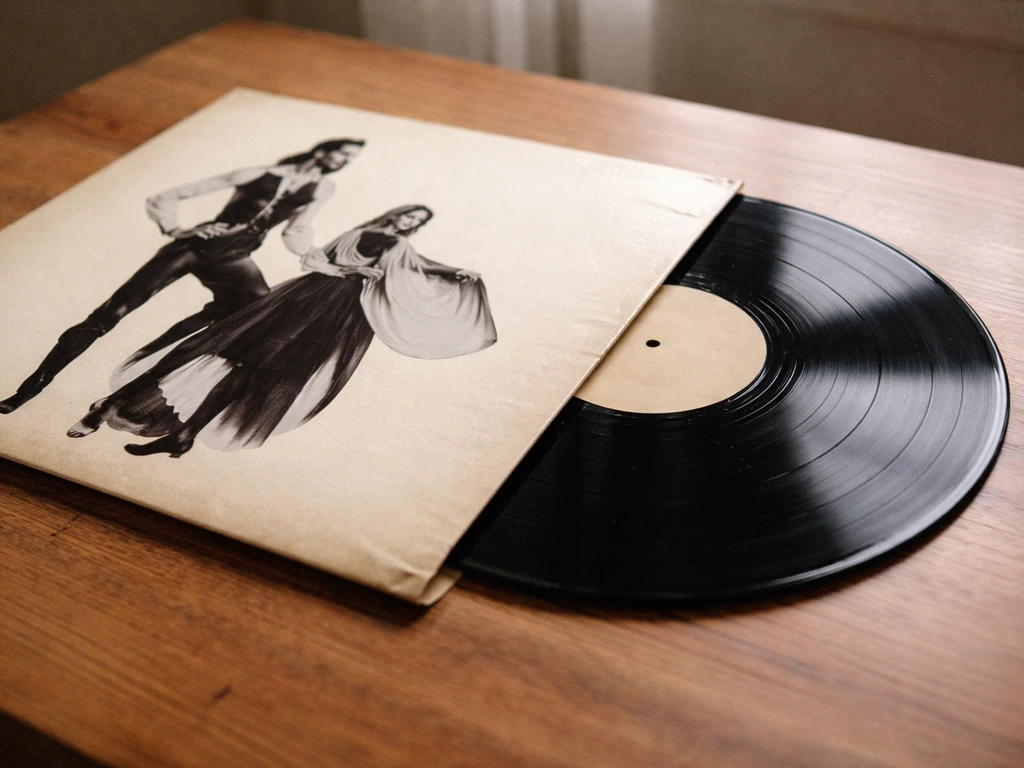 Vinyl record sleeve and black vinyl disc on a wooden table, softly lit, minimal background.