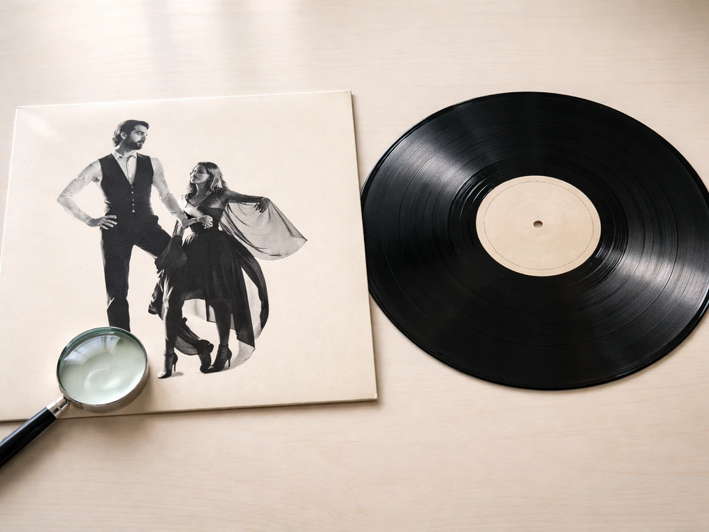 Top-down view of vinyl record and sleeve showing matching artist/title details and label, beside a magnifying glass.