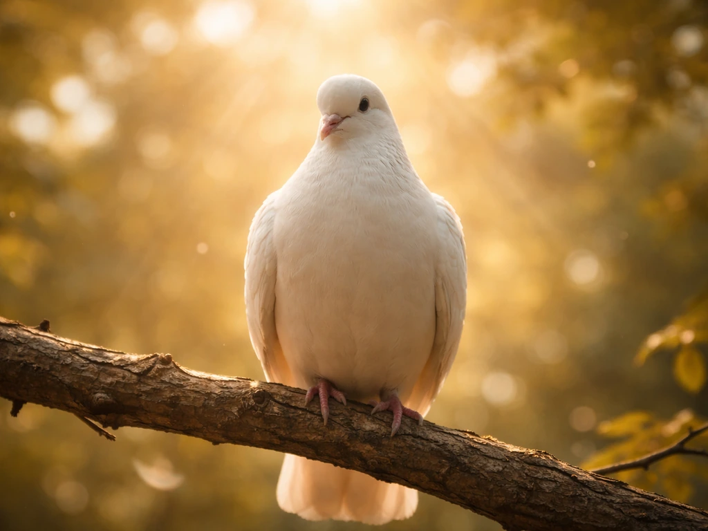 A luminous dove-like bird perched on a branch in warm golden light with a gentle spiritual aura.