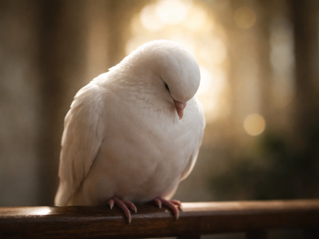 Gentle dove-like bird perched quietly in a reverent, softly glowing light-filled setting.