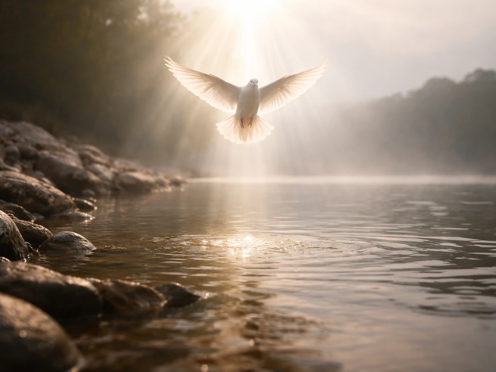 A dove descends in glowing light over water as a biblical baptism scene unfolds quietly.