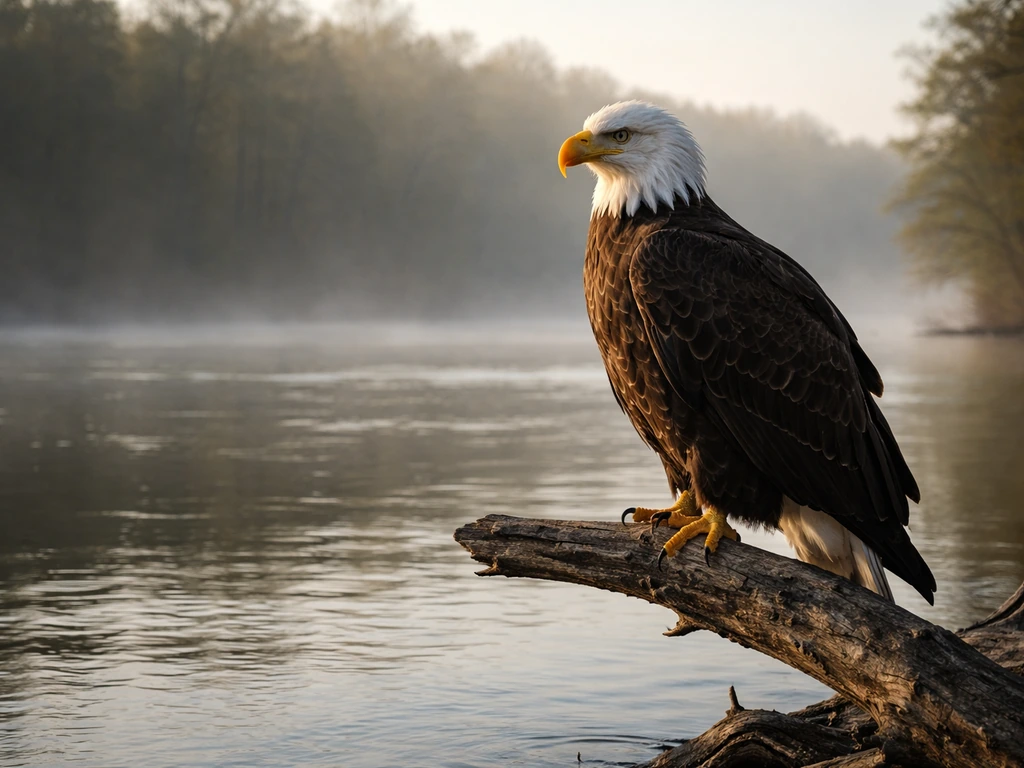 Majestic bald eagle perched by a misty river, wings still, natural morning light, calm and respectful mood.
